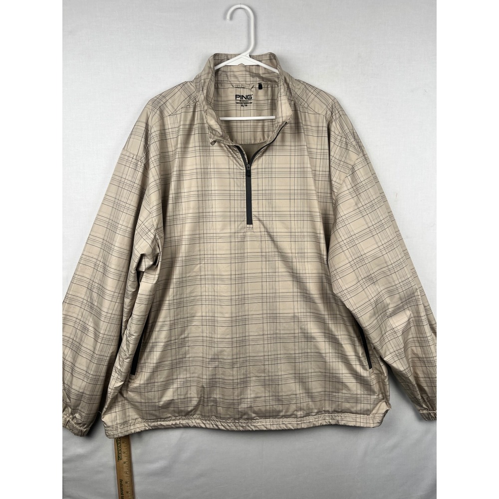 Ping Performance Golf Windbreaker Mens XL 1/4 Zip Plaid Pullover Tan Jacket